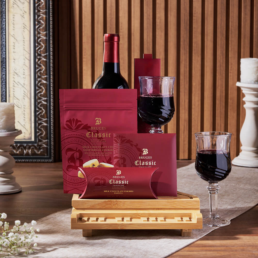 Bruges Chocolate and Wine Gourmet Gift Basket with Cheese Board – how the gift is presented