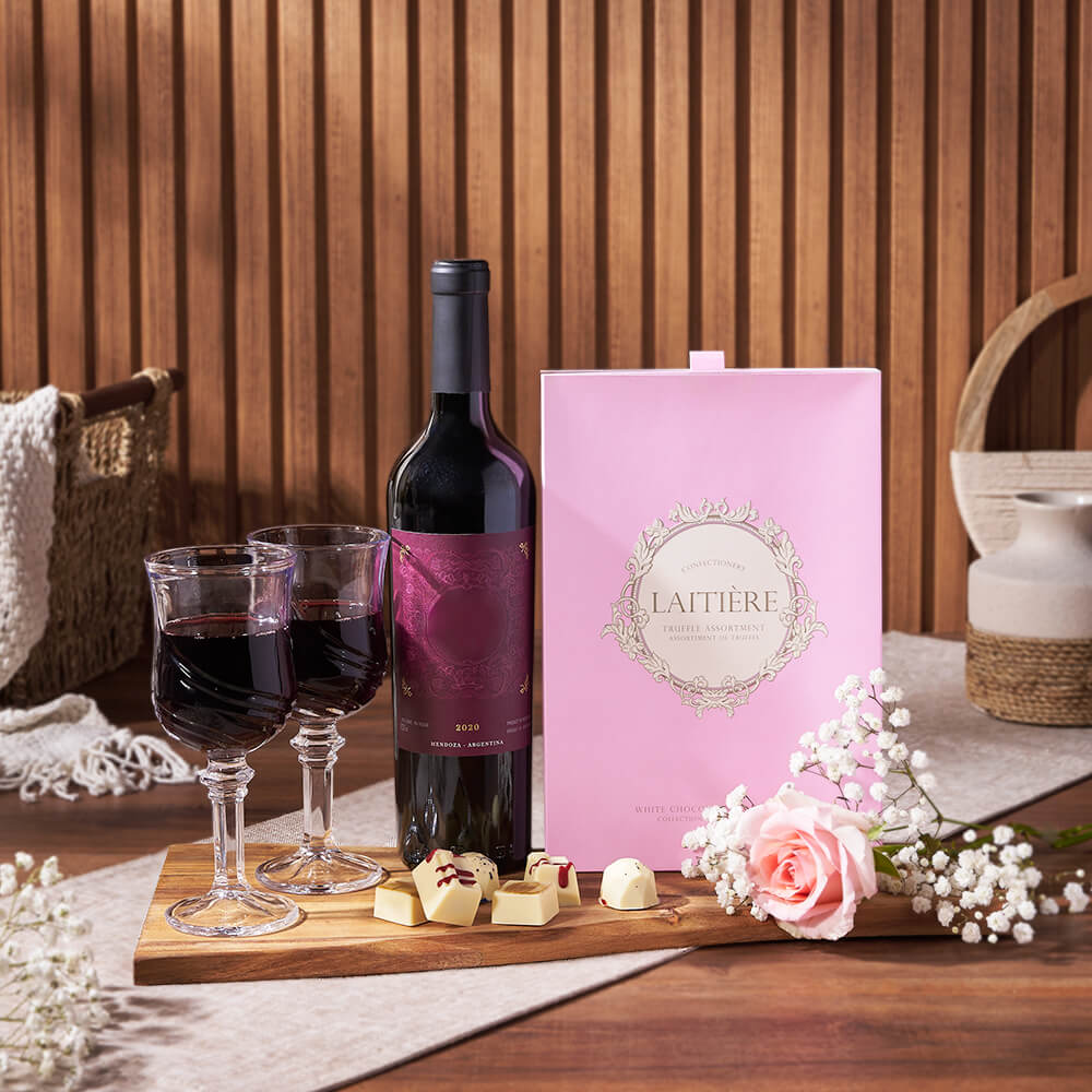 Uptown Wine &amp; Chocolate Gift Basket, wine gift, wine, chocolate gift, chocolate, rose gift, America delivery