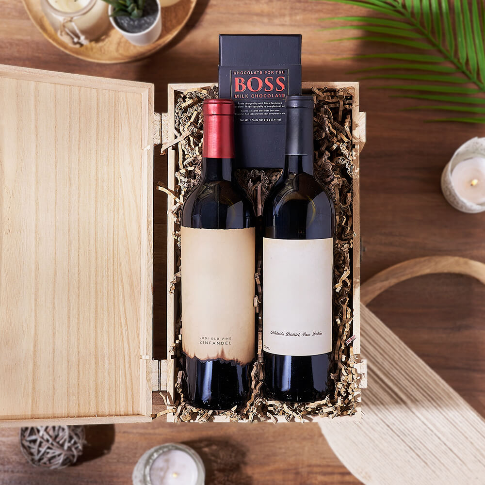 Two Bottles Wine and Chocolates Crate – how the gift is presented