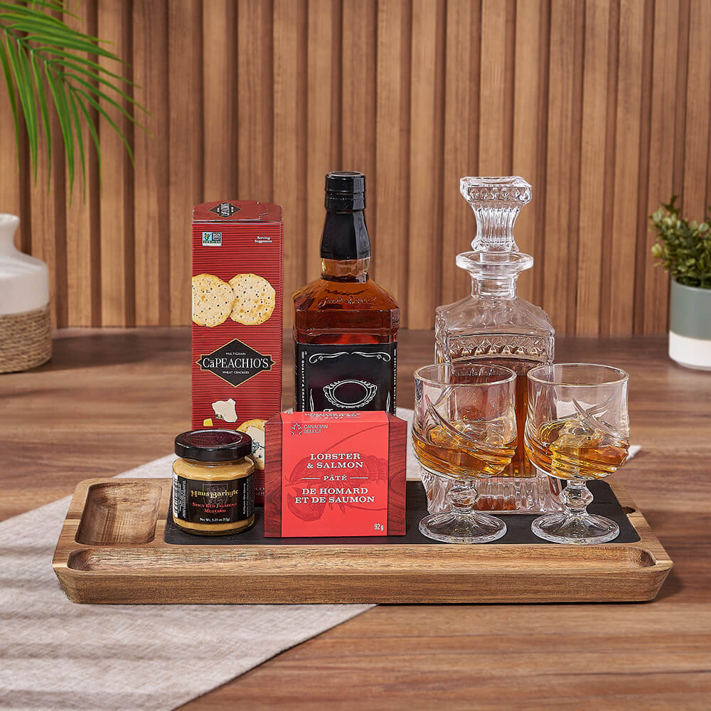 Decanter and Snifter Glass Basket with Gourmet Crackers and Pâté – how the gift is presented