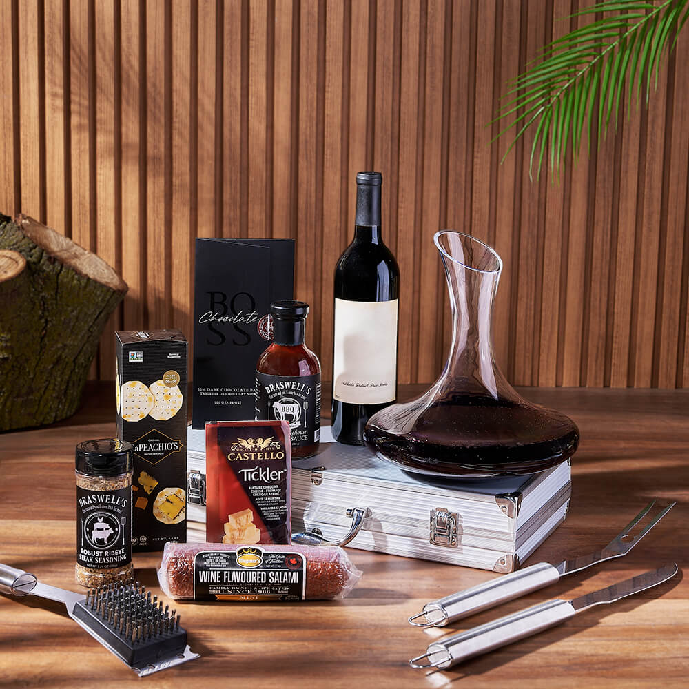 Wine &amp; BBQ Gift Set, wine gift, wine, grilling gift, grilling, decanter gift, decanter, charcuterie gift, charcuterie, America delivery