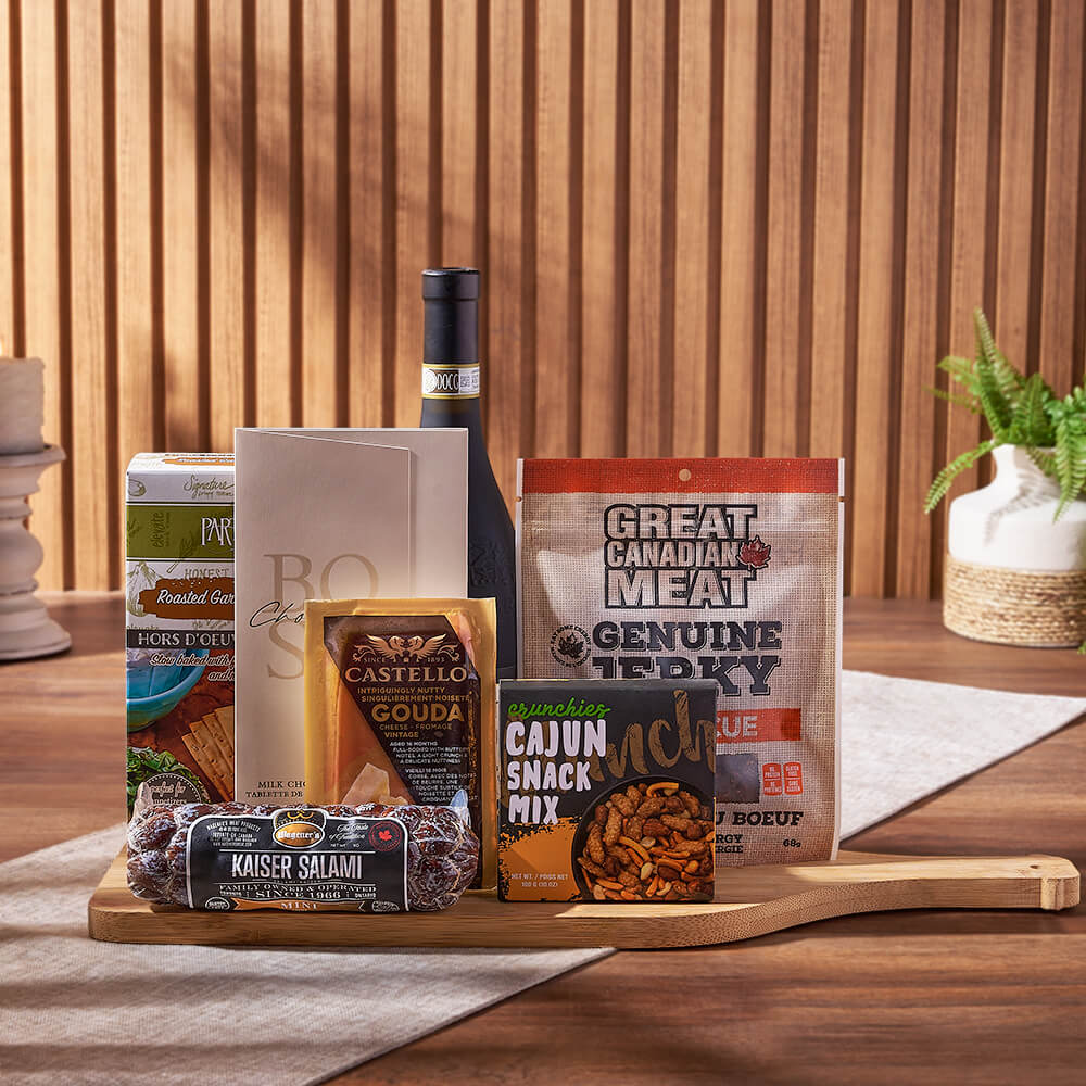 Wine &amp; Cheesy Treats Platter, wine gift, wine, cheese gift, cheese, salami gift, salami, gourmet gift, gourmet, America delivery