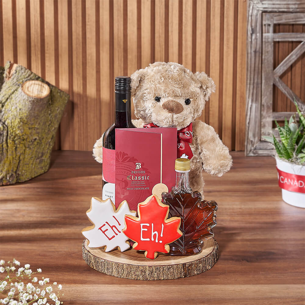 Wine & Teddy Canada Day Gift, wine gift, wine, canada day gift, canada day, cookie gift, cookie, plush gift, plush, America delivery