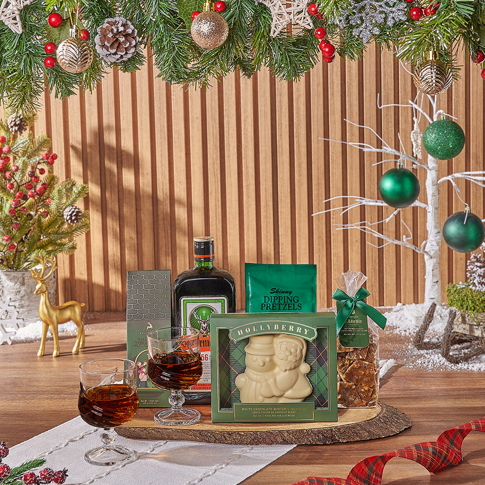 Yuletide Liquor &amp; Snack Basket, Christmas gift, Christmas, liquor gift, liquor, chocolate gift, chocolate, America delivery